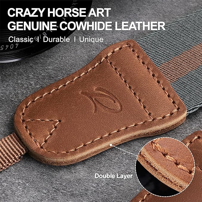 Padwa Lifestyle Green Brown Stripes Camera Strap - Double Layer Crazy Horse Cowhide End,1.5" Wide Pure Cotton Camera Straps,Adjustable Neck Shoulder Strap for All DSLR Cameras,Gift for Photographers
