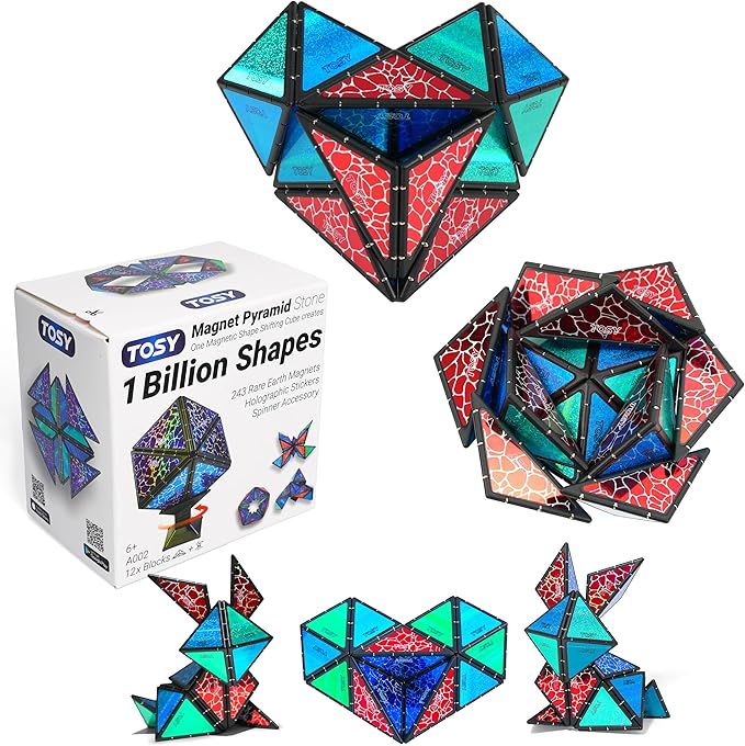 TOSY Magnet Pyramid Stone - 1 Cube Transforms into 1 Billion Shapes (Bunny, Egg Basket, Flowers, Heart), Easter Valentine Gift, 12 pcs, 243 Magnets, Holographic Design, Puzzle/STEM Toy
