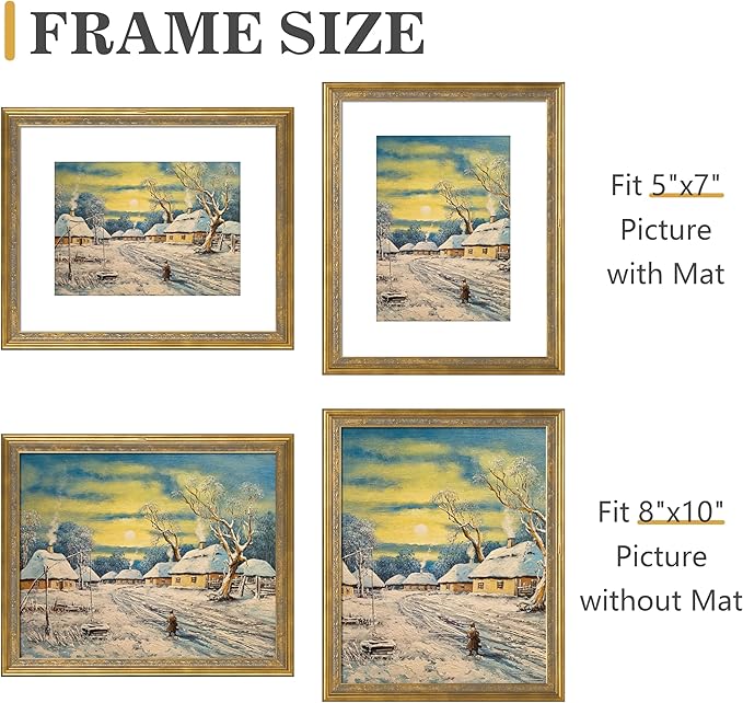 VIOLABBEY 8x10 Matte Gold Picture Frame, Display 5x7 Photo with Mat or 8x10 without Mat, Ornate Vintage 8 x 10 Matte Gold Frame for Wall Decor or Tabletop Display