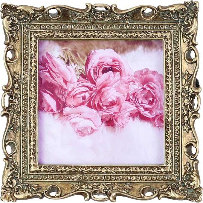 Hymmah 3 * 3inch Mini Wallet Picture Frame Vintage Photo Frame Ornate Textured Hand-Crafted Resin Frame with Easel&Hook for Tabletop&Wall Display,Photo Gallery,Art