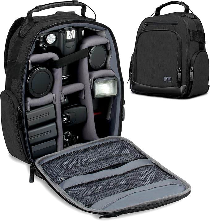 USA Gear Portable Camera Backpack for DSLR with Customizable Accessory Dividers, Weather Resistant Bottom and Comfortable Back Support - Compatible with Canon, Nikon, Sony, Fujifilm, and More (Black)