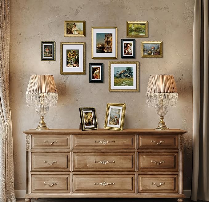 eletecpro 9x12 Picture Frames Set of 4, Retro Frame with Glass Cover, Vintage Gold 9 x 12 Photo Frames Display 6x8 Photo with Mat or 9x12 without Mat for Tabletop or Wall Decor, Gold