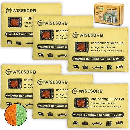 6 Pack 500G Reusable Silica Gel Desiccant Dehumidifier Bags, Color Indicating Moisture Absorbers for Car, Closet, Basement & Garage, Microwave Rechargeable Reusable Drying Bags