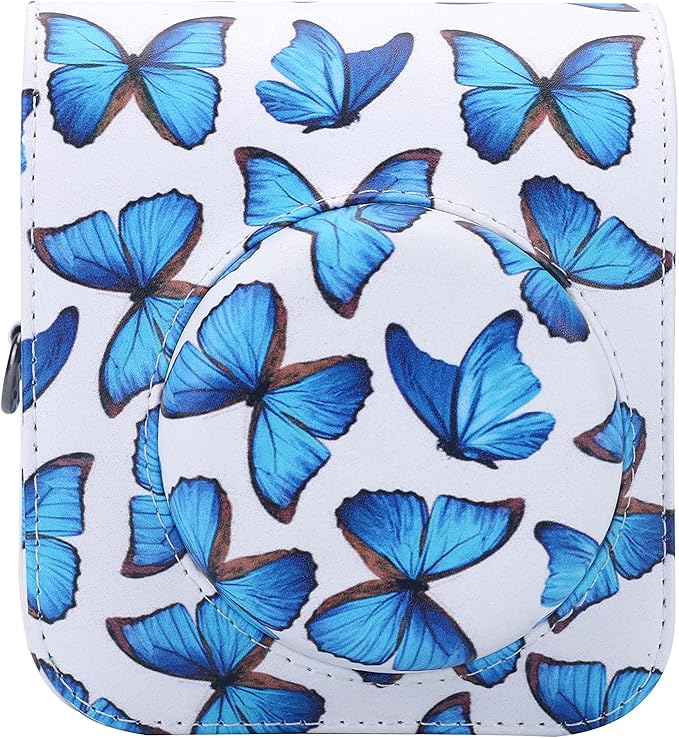 Frankmate Protective Case Compatible with Fujifilm Instax Mini 12 Instant Film Camera with Accessory Pocket and Adjustable Strap (Blue Butterfly)