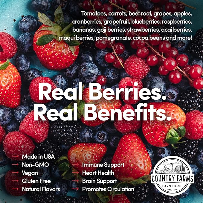 COUNTRY FARMS Super Reds, Energizing Polyphenol Superfood, 48 Super Fruits and Berries, Powerful Antioxidants and Polyphenols, Supports Energy, 20 Servings, Mixed Berry Flavor