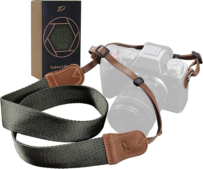 Olive Green Camera Strap,Double Layer top-grain Cowhide Ends,1.5"Wide Pure Cotton Woven Camera Strap,Adjustable Universal Neck & Shoulder Strap for All DSLR Cameras,Great Gift for Photographers