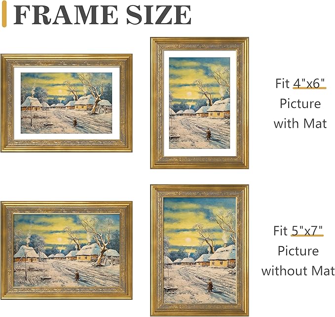 VIOLABBEY 5x7 Matte Gold Picture Frame, Display 4x6 Photo with Mat or 5x7 without Mat, Ornate Vintage 5 x 7 Matte Gold Frame for Wall Decor or Tabletop Display