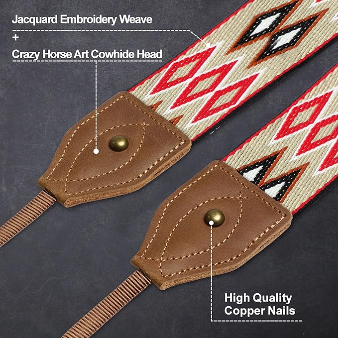 Padwa Lifestyle Camera Strap - Classic Crazy Horse Art Cowhide Leather Ends Camera Strap for Photographers, Unique 2" Vintage Embroidered Cotton Strap Adjustable for All DSLR Cameras(Red Rhombus)