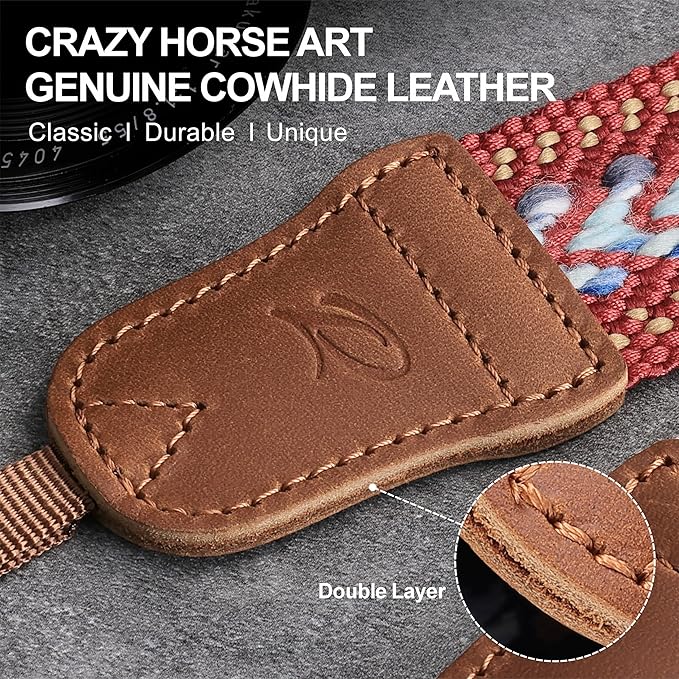 Padwa Lifestyle Speed Red Camera Strap - 1.5" Soft Cotton Rope Weave Crazy Horse Cowhide Head Camera Straps for Photographers and All Cameras,Cute Adjustable Vintage Woven Strap for Adults & Kids