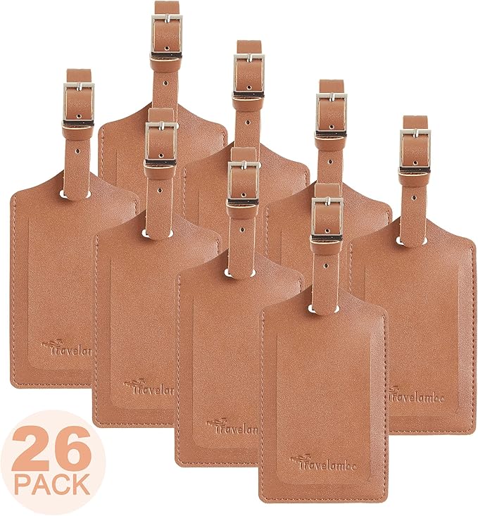 Travelambo 26 Pack Luggage Tags Faux Leather for Suitcases Travel Bag Labels with Protection Cover ID (Yellowish Brown)