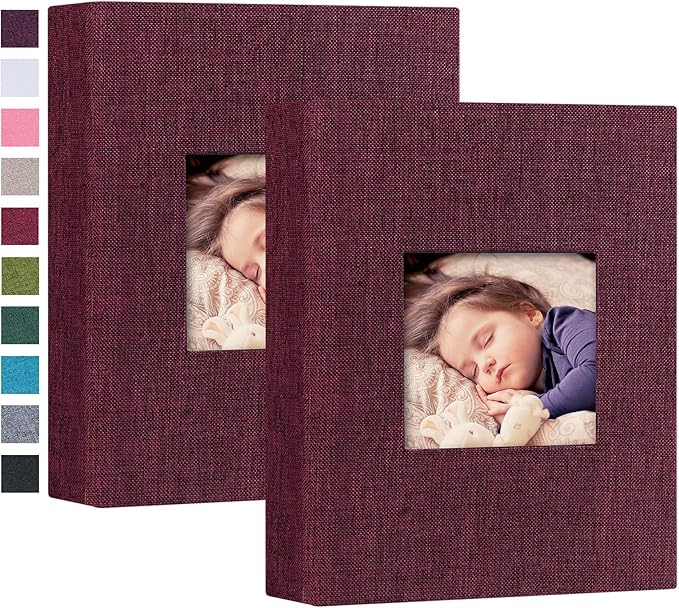 Mublalbum 2 Pack Small 4x6 Photo Album Linen Cover with Display Window Mini Picture Book Each Holds 52 Vertical Pockets for Artwork Postcards or Pictures Storage (Purple)