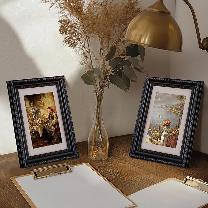 eletecpro 4x6 Picture Frames Set of 4, Gothic Frame with Glass Cover, Ornate Vintage Black Photo Frames 4 by 6 Display 3.5x5 Photo with Mat or 4x6 without Mat for Tabletop or Wall Decor, Black