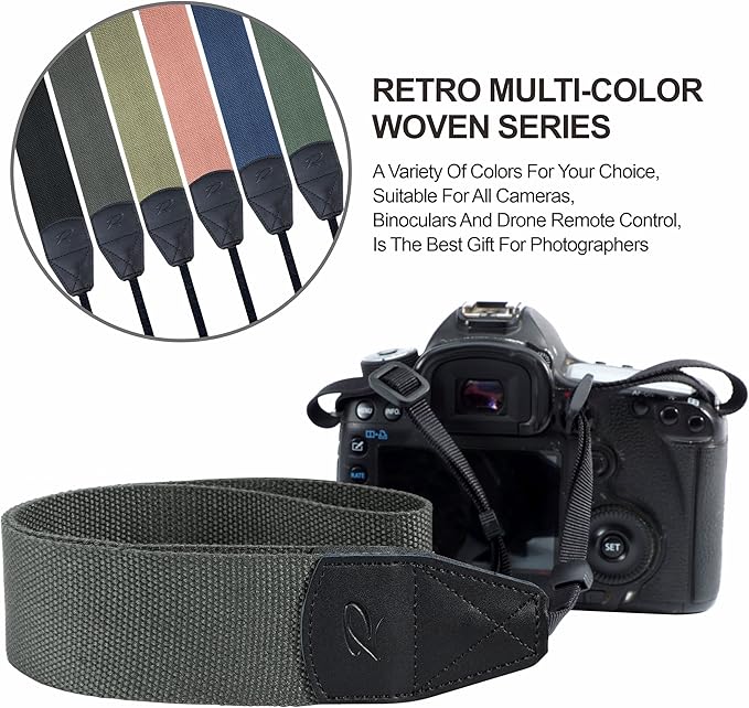 Padwa Lifestyle Grey Camera Strap - 2" Wide Genuine Leather Ends Camera Straps for Photographers, Vintage Cotton Woven Strap with Camera Quick Release Clips fits All Cameras and Binoculars