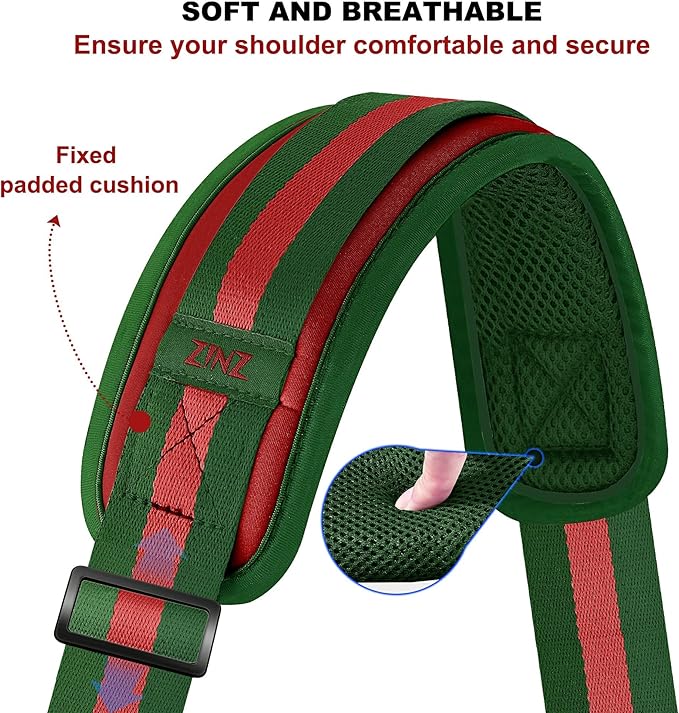 ZINZ 75" Shoulder Strap with Fixed Pad and Dual Balanced Buckles，Green-Red-Green Stripe
