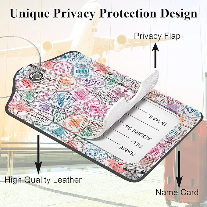 Travel Stamp 2 Pack PU Leather Luggage Tags with Stainless Steel Loop, Funny Retro Labels for Quick Spotting with Privacy Cover ID Label