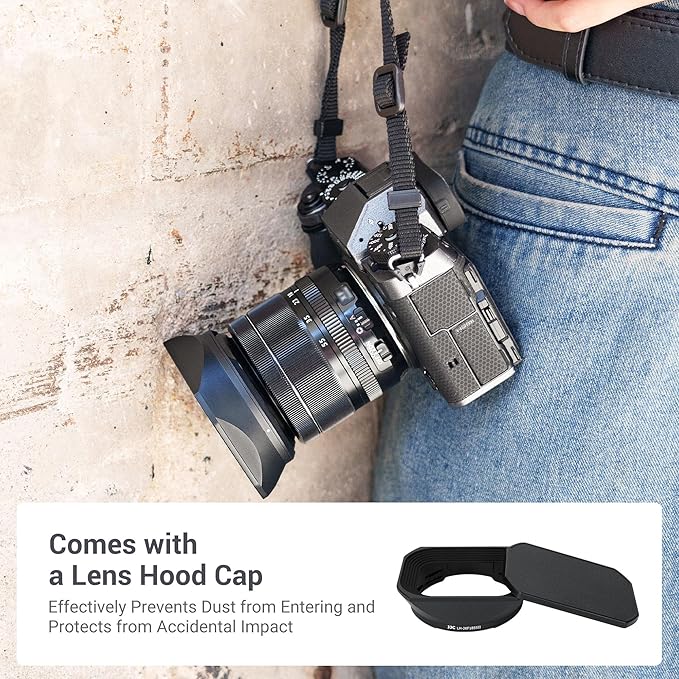 JJC Metal Square Lens Hood Shade for Fuji Fujifilm XF 18-55mm F2.8-4 R LM OIS Lens on X-T5 X-T30 II X-T30II XT30II X-T4 X-S20 X-S10 X-T30 X-T20 X-T3 X-E3 Camera, for XF 14mm F2.8 R Lens, with Hood Cap