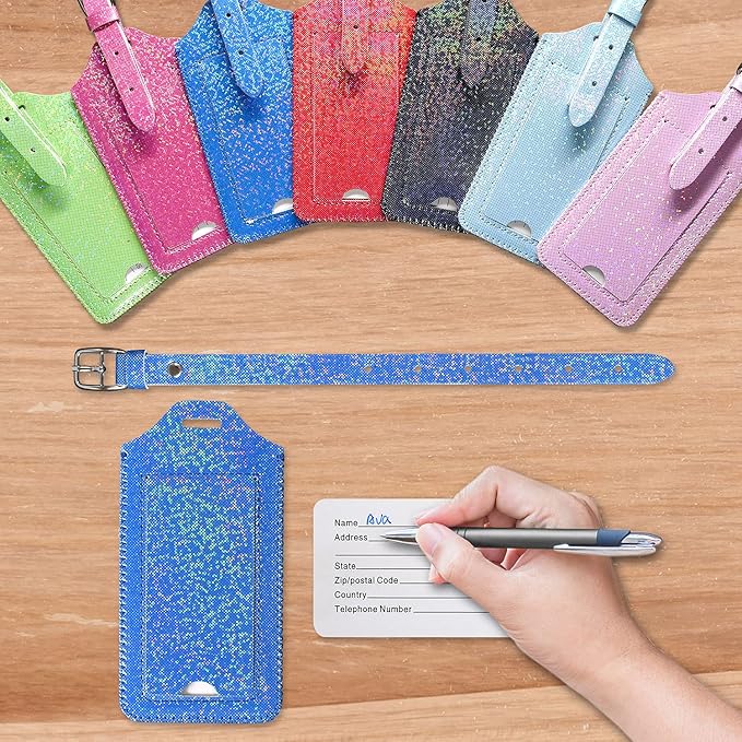ACdream Luggage Tags 2 Pack, Leather Suitcase Tags Identifiers, Cute Cruise ID Labels with Privacy Cover fits on Backpack, Travel Bag, for Women, Men, Adults, Kids, Royal Blue Glitter