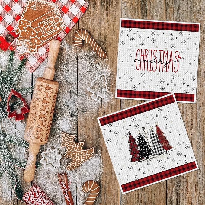 Artoid Mode Red Xmas Tree Snowman Merry Christmas Kitchen Dish Cloths, 12x12 Inch Quick Dry Microfiber Dishcloths for Kitchen Dish Rags Set of 4
