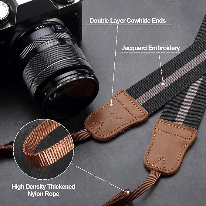 Padwa Lifestyle Black Grey Stripes Camera Strap - Double Layer Crazy Horse Cowhide End,1.5" Wide Pure Cotton Camera Straps,Adjustable Neck Shoulder Strap for All DSLR Cameras,Gift for Photographers