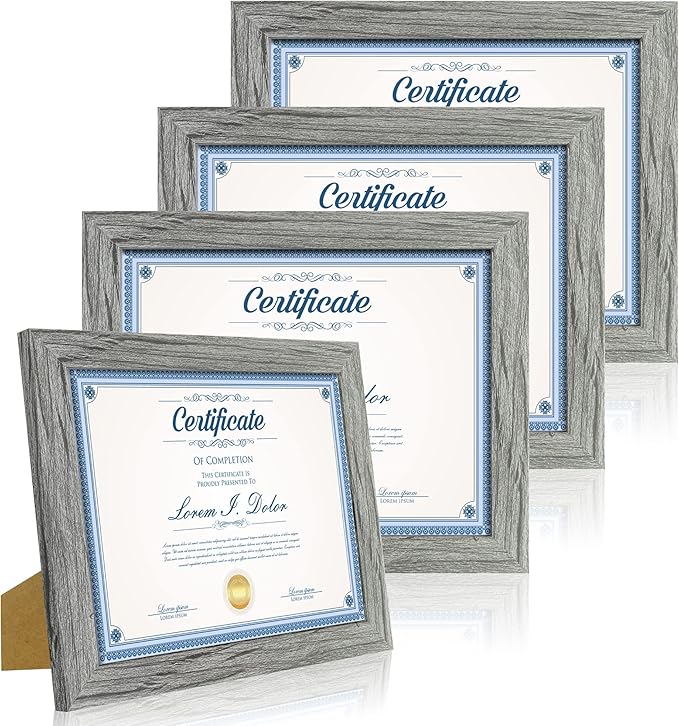 8.5 x 11 Picture Frame Set of 4, Made of Real Glass and Grey Certificate & Diploma Frame, 8.5 by 11 Photo for Wall or Tabletop - Display Picture 6x8 with Mat or 8.5x11 Without Mat