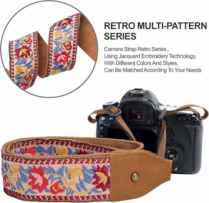Padwa Lifestyle 2" Wide Classic Crazy Horse Art Cowhide Head Camera Strap - Jacquard Embroidery Floral Vintage Camera Straps for Photographers Gift, Adjustable Shoulder Neck Strap Fits DSLR Cameras