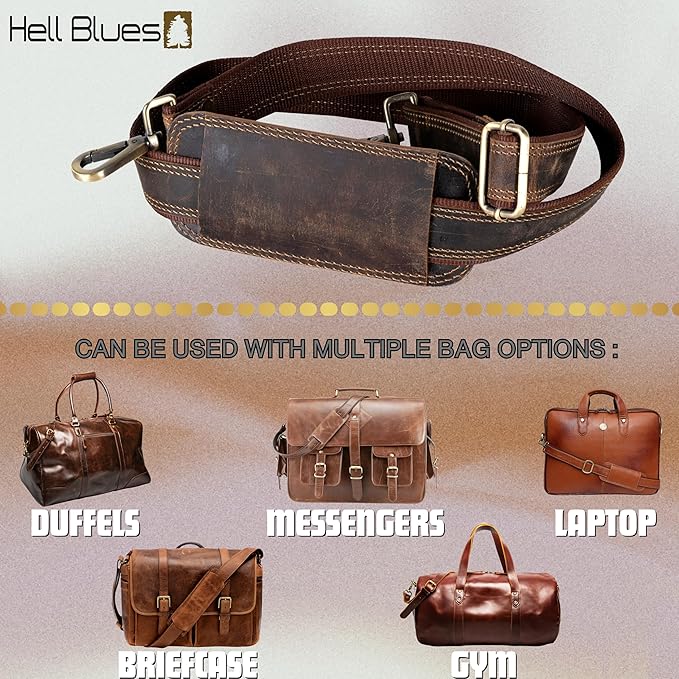 Bag Strap Replacement - Genuine Leather 57" Adjustable Shoulder Strap for Messenger, Laptop, Camera, Travel Bags