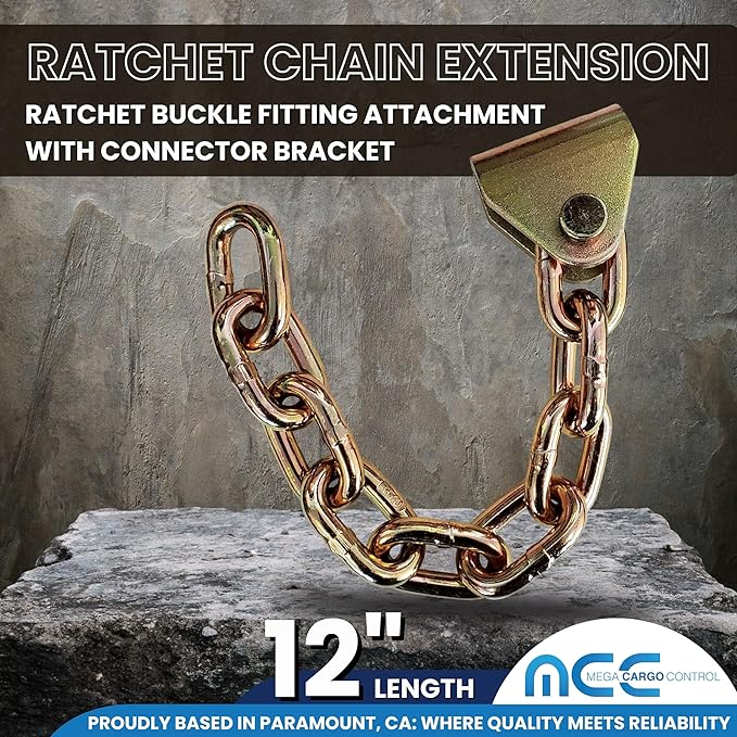 Mega Cargo Control 4 Pack 12" Chain Extension with Connector Bracket for Ratchet Buckle | Car Hauler, Trailer, Tow Truck (WLL: 1,666)