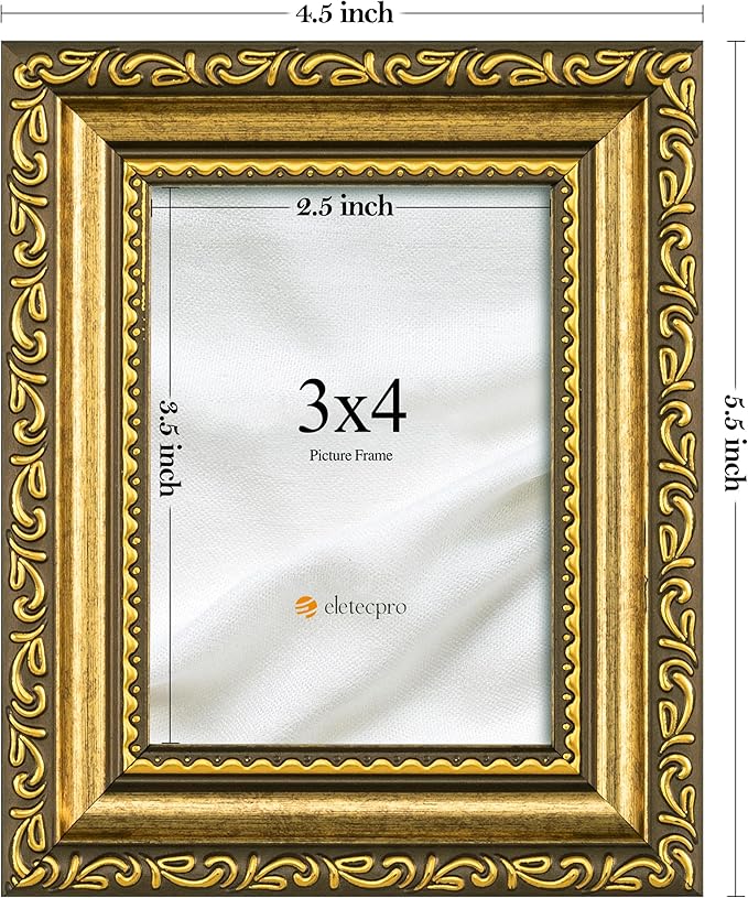 eletecpro 3x4 Picture Frames Set of 4, Rustic Gold Frames with Glass Cover, Ornate Vintage Photo Frame Displays 3x4 Photo for Tabletop, Gold