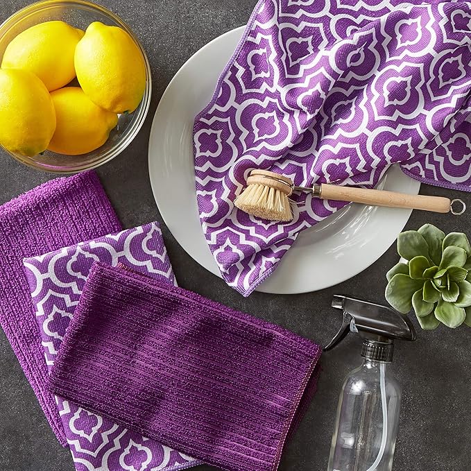 DII Cleaning Collection Multi-Purpose Microfiber, Eggplant Lattice, Dishtowel Set