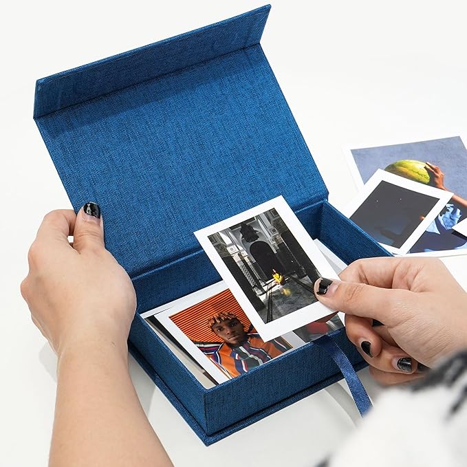 Vienrose Linen 4" x 6" Photo Cases and Postcard Keeper Storage Container Box 1Pcs for Photo, Postcard, Decorative Paper, Navy Blue