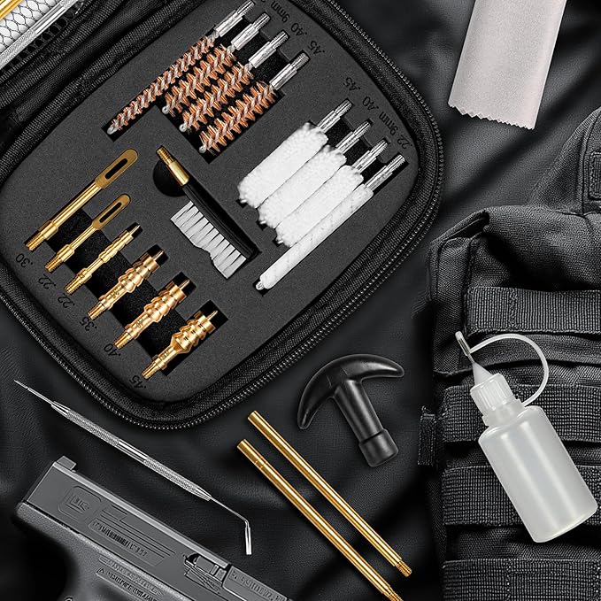 GLORYFIRE Gun Cleaning Kit Fits .22 .357/9mm .38 .40 .45 Cal Universal Handguns & Pistols Compact Carrying Case for Portability Multiple Styles with Brass or Plastic Jags & Tips for Shooting and Range