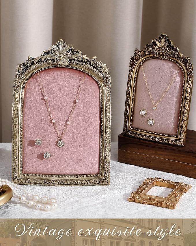 2 Pcs Gold Jewelry Display Stand Vintage Necklace Organizer Ring Holder Earring Tray Resin Jewelry Photography Props Frame with Velvet Backing for Gifts(Pink,Large,Small,Elegant)