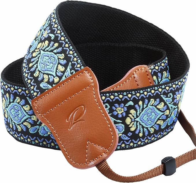 Padwa Lifestyle Camera Strap - 2" Wide Double Layer Cowhide Head Camera Straps for Photographers, Universal Neck & Shoulder Cotton Padded Vintage Strap for All DSLR Cameras（Blue Embroidery Floral）