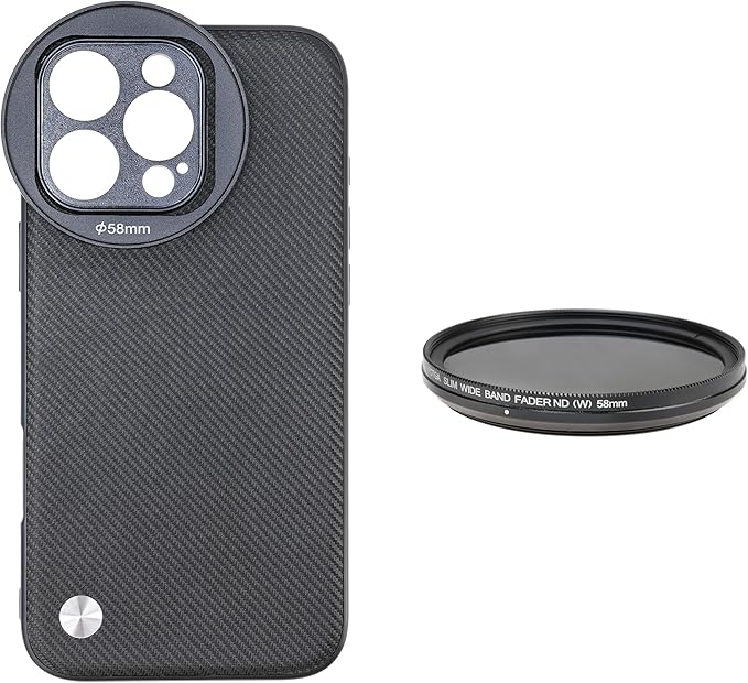 FocusFoto Phone Case Holder for iPhone 16 Pro Case, Integrated with 58mm Threaded Filter Adapter, with 58mm Variable ND2-ND400 Fader ND Neutral Density Filter Kit, Compatible with MagSafe (Black)