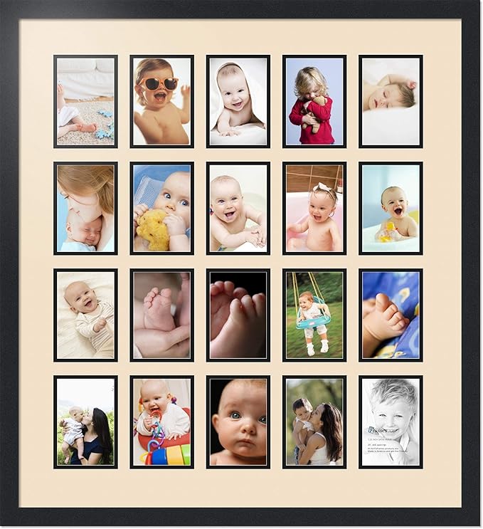 ArtToFrames Collage Photo Frame Double Mat with 20-4x6 Openings with Satin Black Frame and French Creme mat.