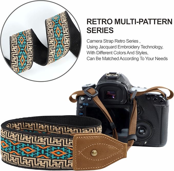 Padwa Lifestyle 2" Wide Classic Crazy Horse Art Cowhide Head Camera Strap - Jacquard Embroidery Floral Vintage Camera Straps for Photographers Gift, Adjustable Shoulder Neck Strap Fits DSLR Cameras
