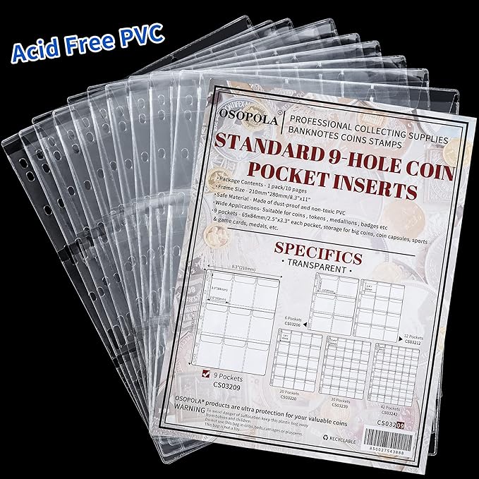 90 Pockets Coin Binder Pages - 2.5×3.3 inch Holders 10 pcs Loose-Leaf Sheets Acid-Free Collection Holders for Medallion Coin Stamp Currency Collecting Supplies 65x84 mm / 2.56x3.30 inch CS03209