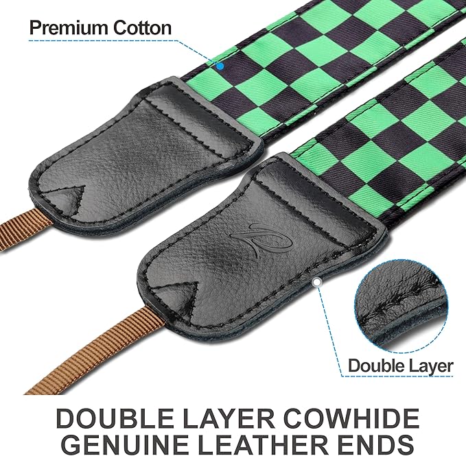 Padwa Lifestyle Green Black Plaid Camera Strap - 2" Wide Double Layer Cowhide Head,Cotton Camera Straps for Photographers,Grid Pattern Adjustable Camera Shoulder Neck Strap for All DSLR Cameras