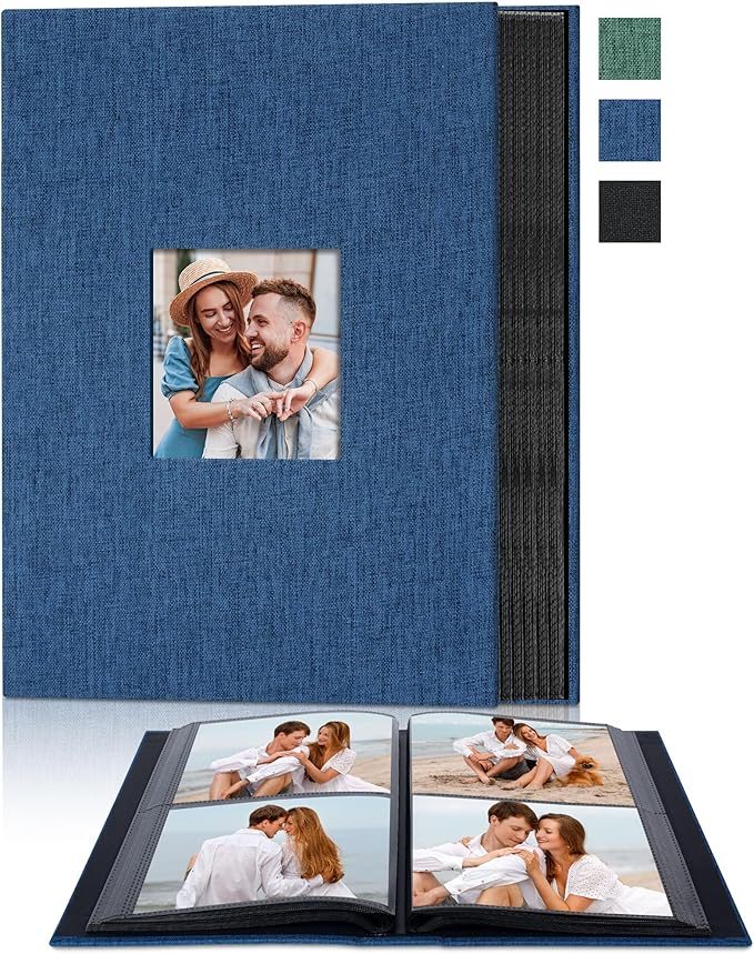 Remowith Cloth Cover Photo Album 4x6 with DIY Square Window Slip in Photo Book for Travel, Wedding, Anniversary 200 Pockets Navy Blue