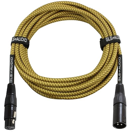 GLS Audio 25FT Mic Cable - Balanced XLR Patch Cords - XLR Male to Female - Brown Yellow Tweed Cloth Jacket - 25 Feet Mic Cables
