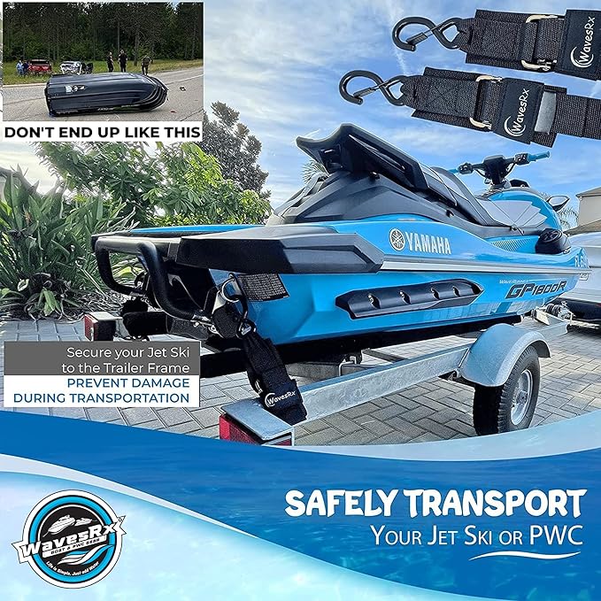 WavesRx Premium Boat & Jet Ski Trailer Transom Straps - Marine Tie Downs - Adjustable via Quick Release Buckle - Must Have Boating Accessories for Safe and Secure Transportation of Your Watercraft