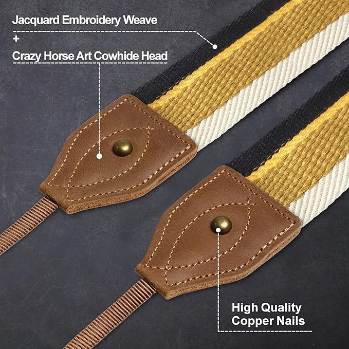Padwa Lifestyle Camera Strap - 2" Wide Classic Vintage Crazy Horse Arts Cowhide Head Cotton Embroidered Universal Neck Shoulder & Crossbody Camera Straps for Photographers Gift and All DSLR Cameras