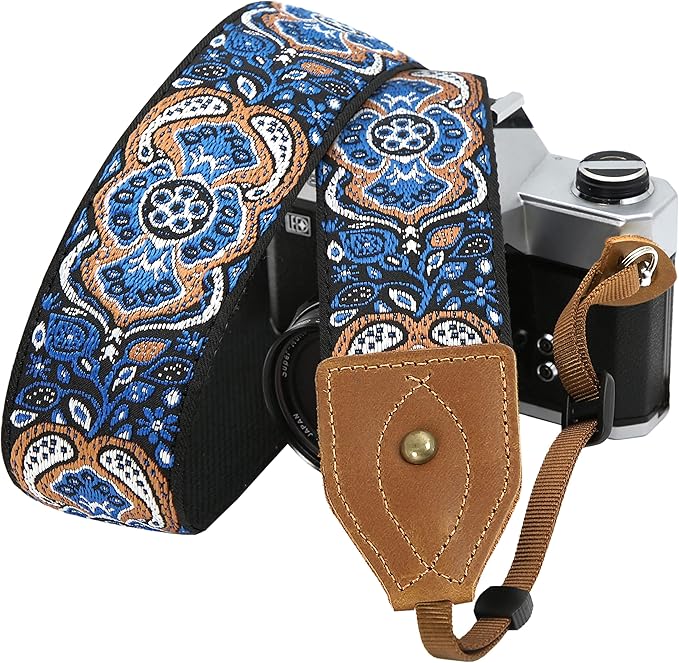 Padwa Lifestyle Camera Strap - 2" Wide Crazy Horse Art Cowhide Head,Vintage Jacquard Embroidery Camera Straps for Photographers Gift, Adjustable Shoulder Neck Strap Fits DSLR Cameras(Elegant Blue)