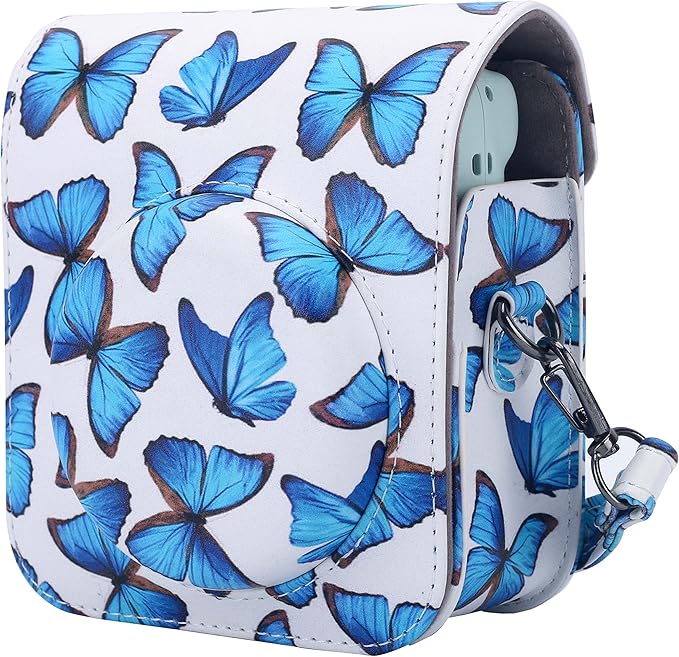 Frankmate Protective Case Compatible with Fujifilm Instax Mini 12 Instant Film Camera with Accessory Pocket and Adjustable Strap (Blue Butterfly)