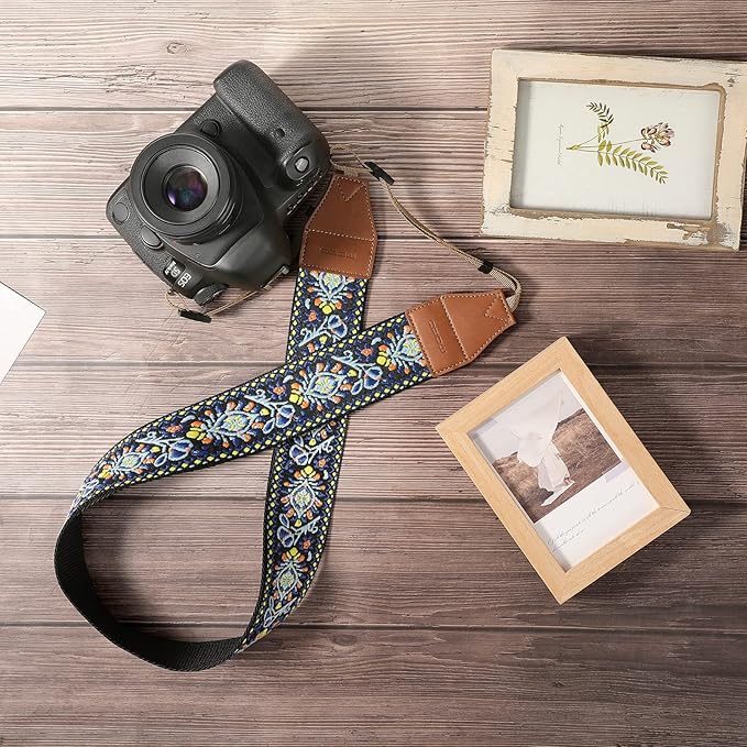 MoKo Camera Strap, Woven Vintage Camera Strap for DSLR Cameras, Adjustable Embroidered Neck & Shoulder Strap for Video Camcorder, Binoculars, and Nikon/Canon/Sony/Minolta Digital Cameras, Vintage Blue