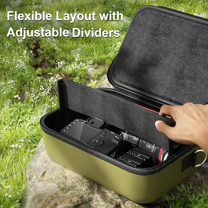 ProCase Hard Shell Camera Case for Canon Rebel T7/EOS R100/R50/DSLR/SLR/Nikon/Sony/Mirrorless Cameras, Soft Padded Digital Camera Travel Bag with 1 Shoulder Strap and 3 Adjustable Dividers -Green