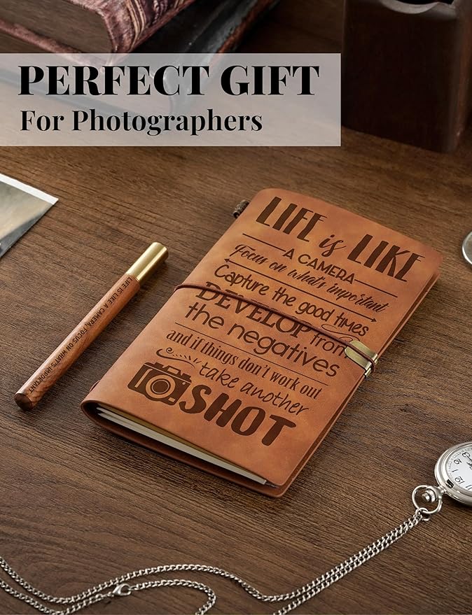 InnoBeta Photographer Gifts Journal for Women, Men, Photography Gifts for Photographers, Faux Leather Embossed Refillable Notebook, 7x5 Inches - Camera - With Pen