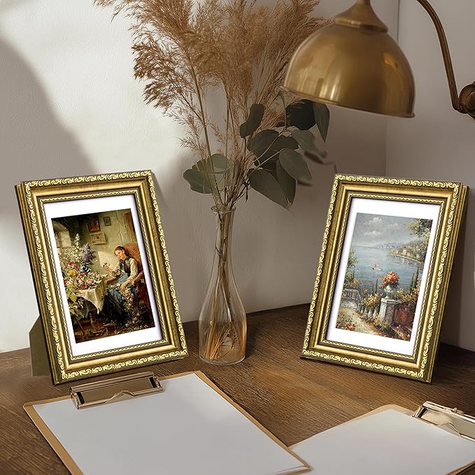 eletecpro 4x6 Picture Frames Set of 4, Retro Frames with Glass Cover, Vintage Gold Photo Frame 4 by 6 Displays 3.5x5 Photo with Mat or 4x6 without Mat for Tabletop or Wall Decor, Gold