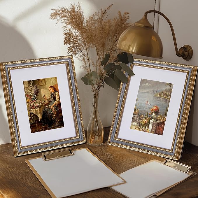 eletecpro 8x10 Picture Frames Set of 4, Vintage Frame with Glass Cover, Rustic 8 x 10 Photo Frames Display 5x7 Photo with Mat or 8x10 without Mat for Tabletop or Wall Decor, Blue Gold