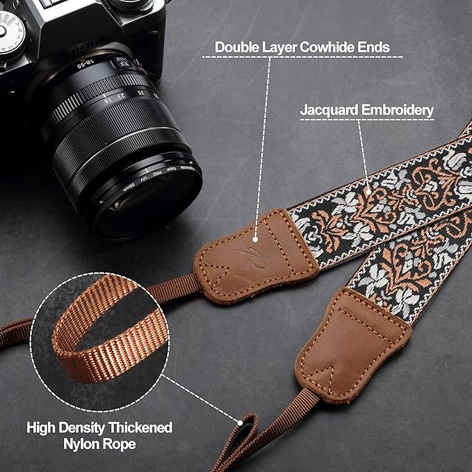 Padwa Lifestyle Camera Strap - 1.5" Crazy Horse Cowhide Head Cotton Strap,Vintage Embroidery Camera Straps for Photographers and All Cameras,Cute Adjustable Shoulder Neck Strap for Adults & Kids
